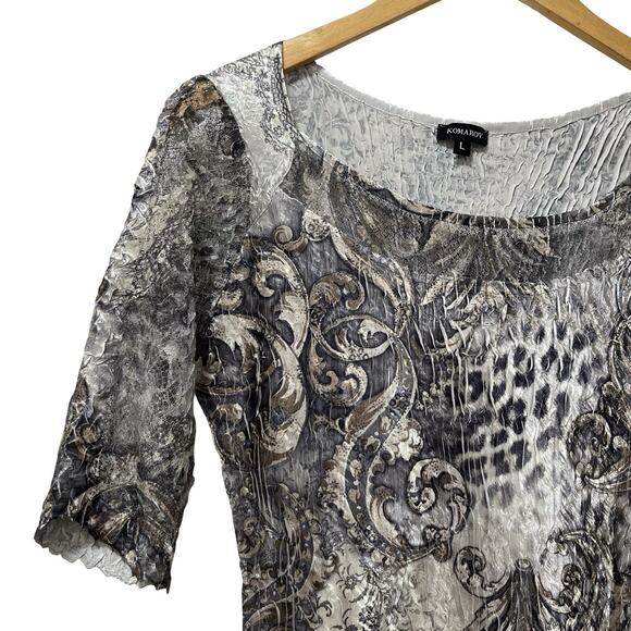 Komarov Crinkle Abstract Print Satin Blouse Size L Gray Fairy Grunge Artsy - Picture 4 of 8